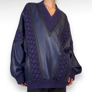 Vintage Leather Wool Sweater Purple Vneck Eclectic Grandpa Knit Oversized Sz XL